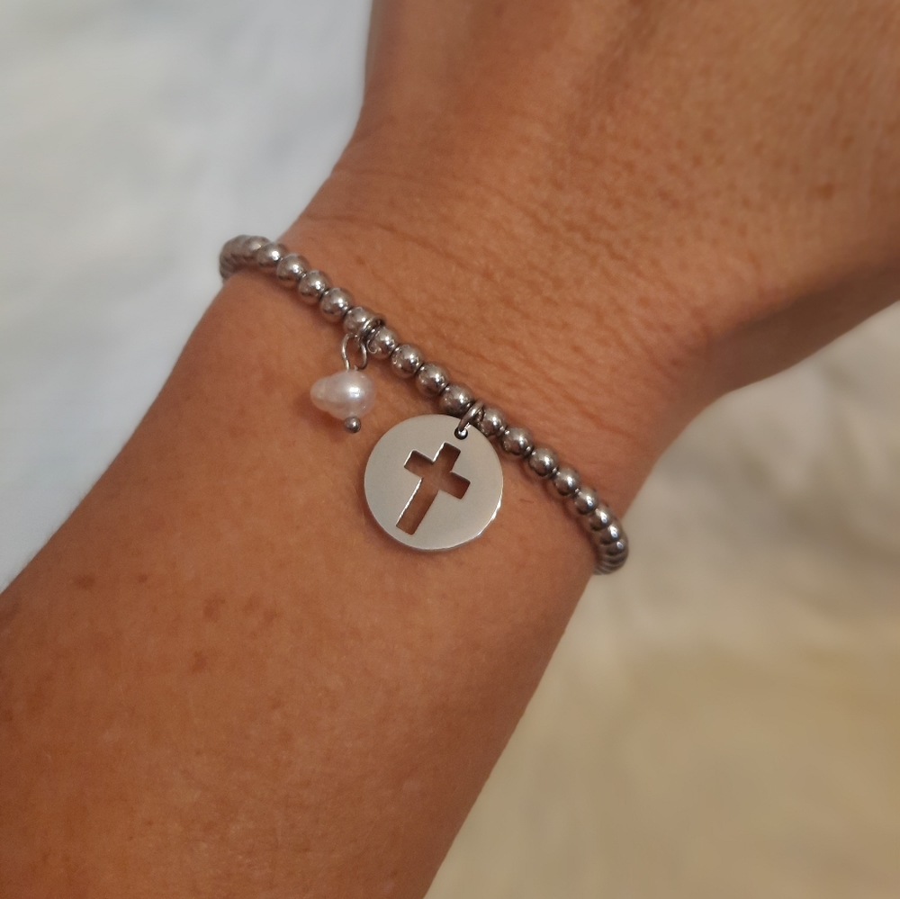 Silver Beaded Bracelet with Cross Disc Charm & Faux Pearl Charm